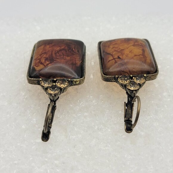 Vintage Brass Crystal Amber Rectangle Drop Earrings 1.25 in Leverback Pierced - Picture 3 of 8